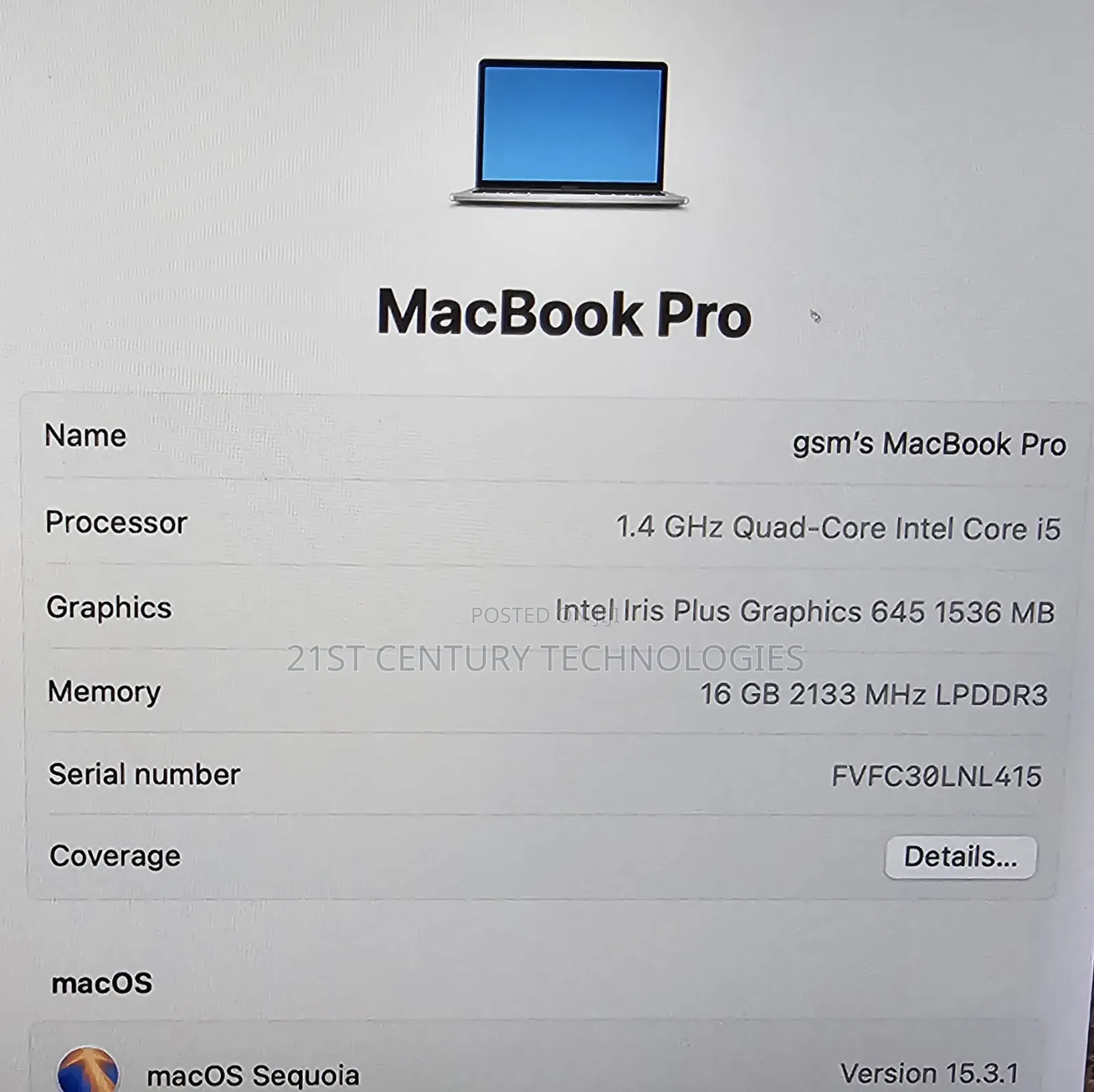Laptop Apple MacBook 2019 16GB Intel Core i5 SSD 128GB