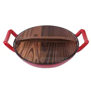 Original Cast Iron Wok Pan With Wooden Cove. Non Stick