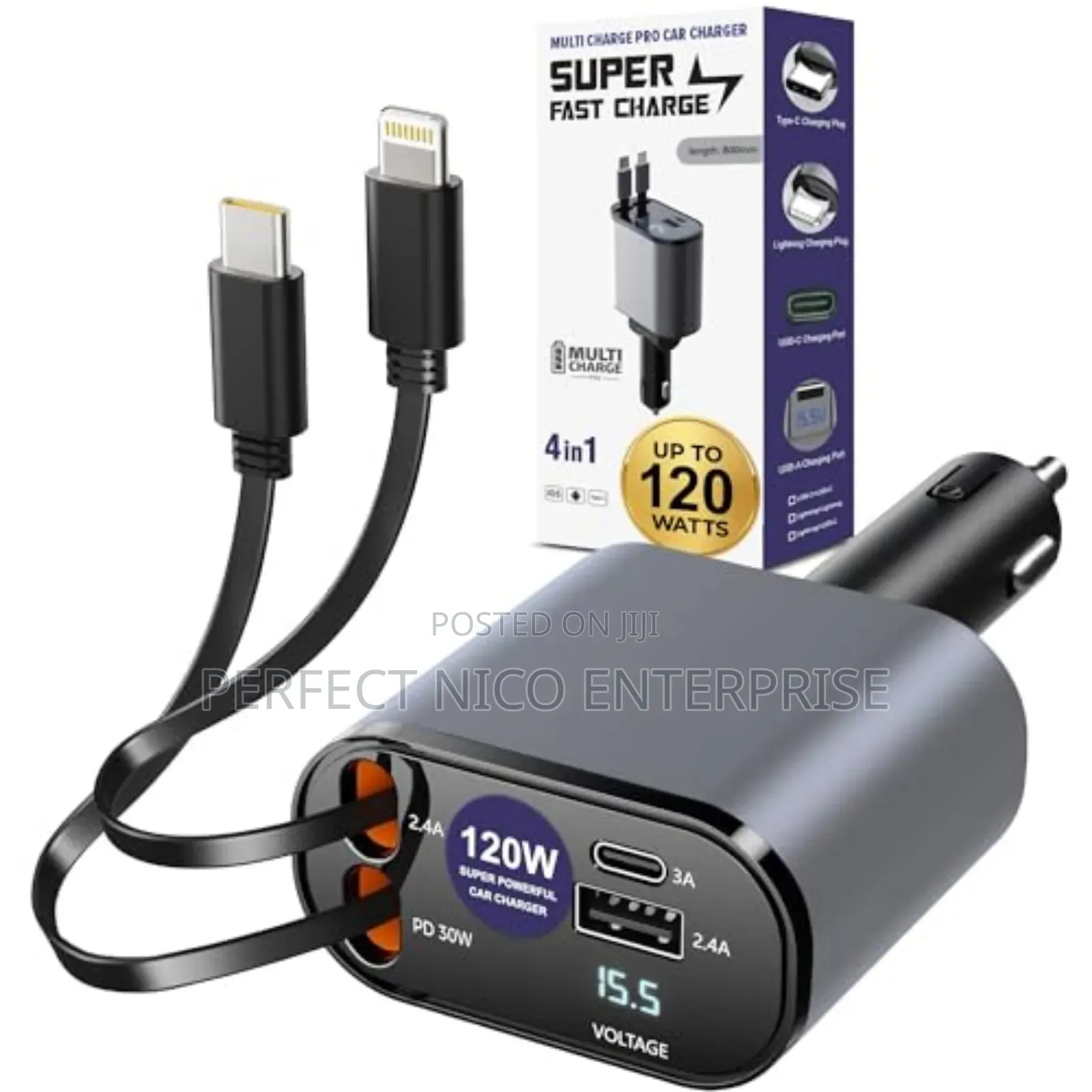 120w 4in1 Car Charger With Retractable Cable and 2 Usb Port