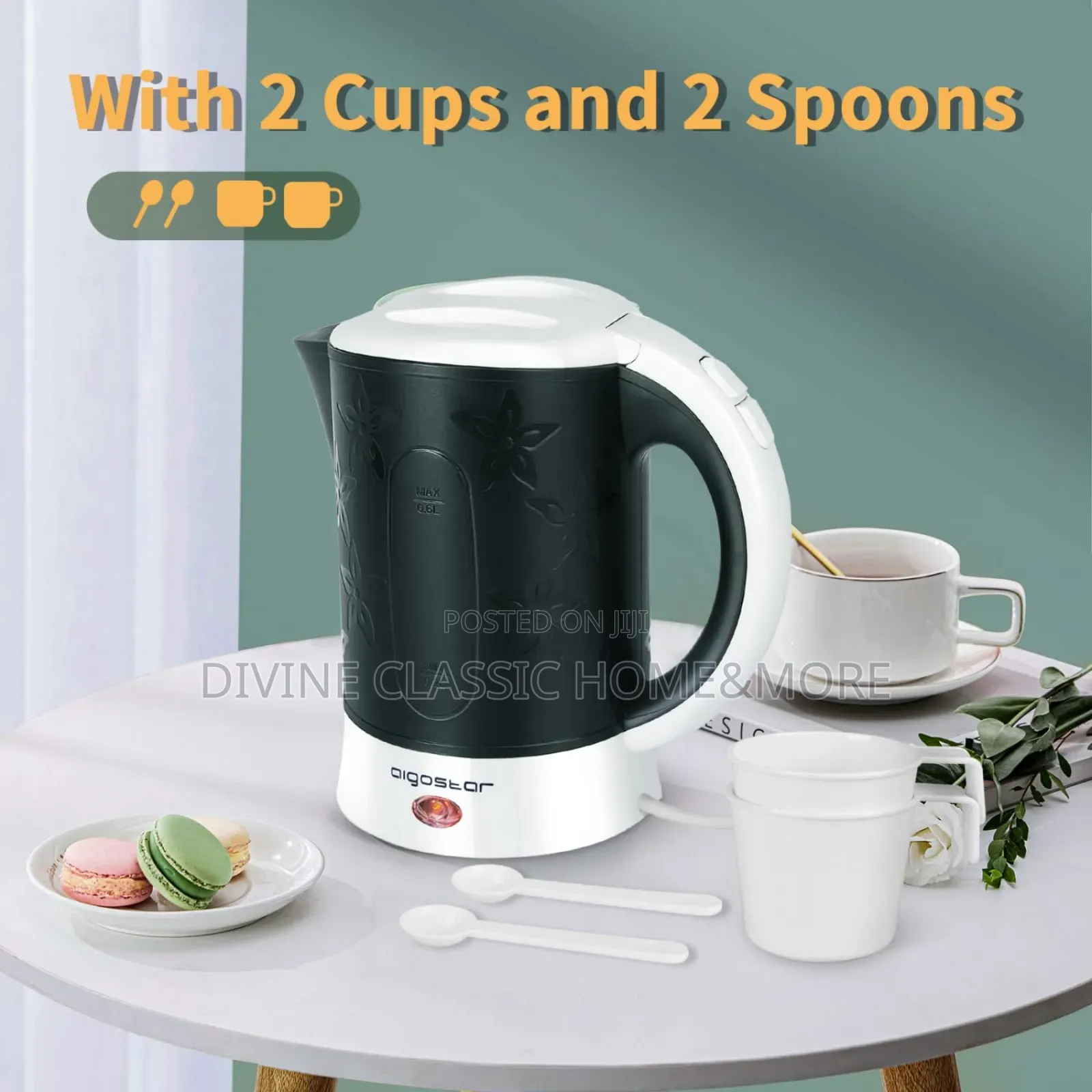 Aigostar Travel Kettle Includes 2 Cups and 2 Spoons, Black.