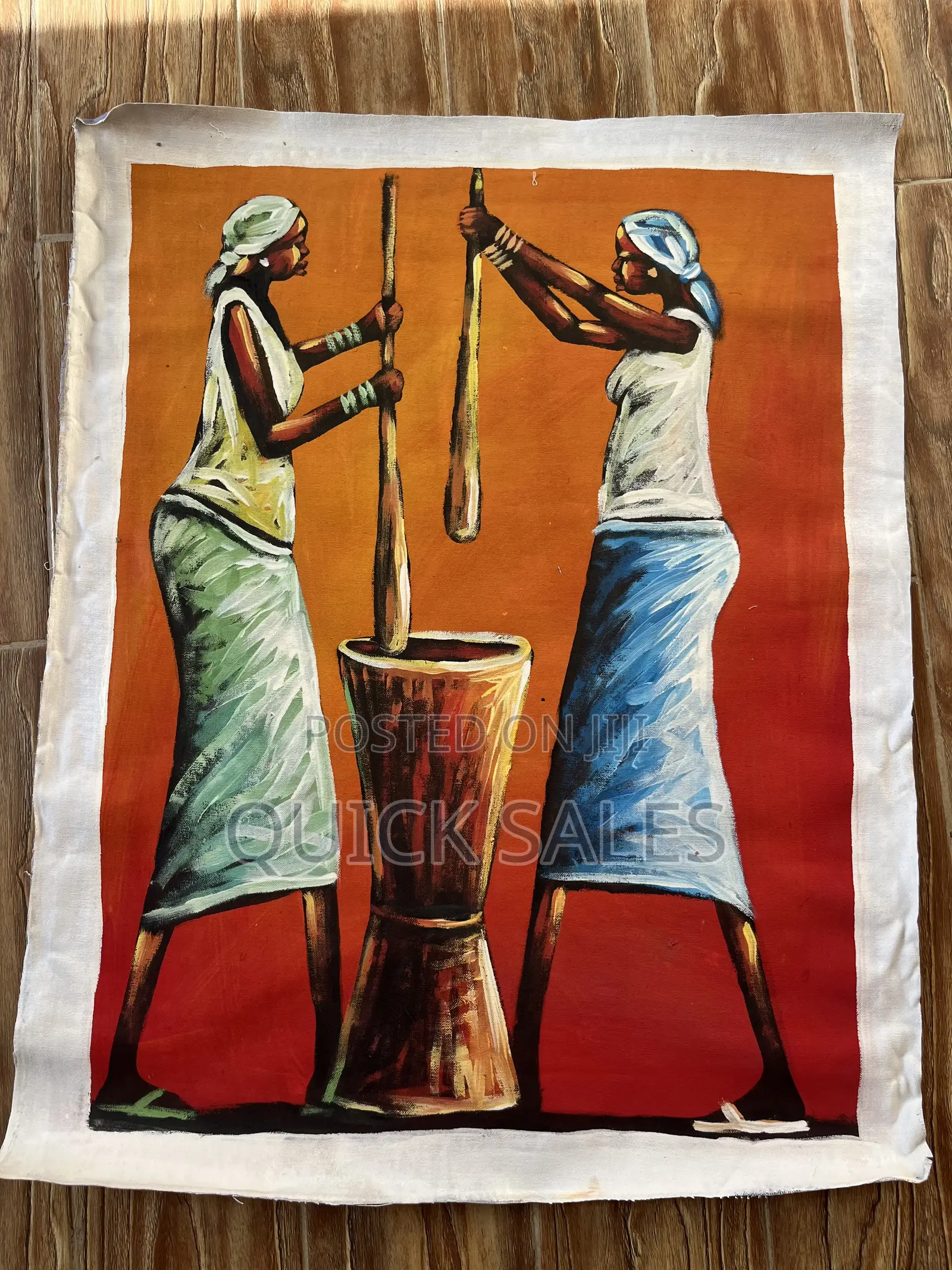 Painting of Women Pounding With a Mortar Pestle on Canvas