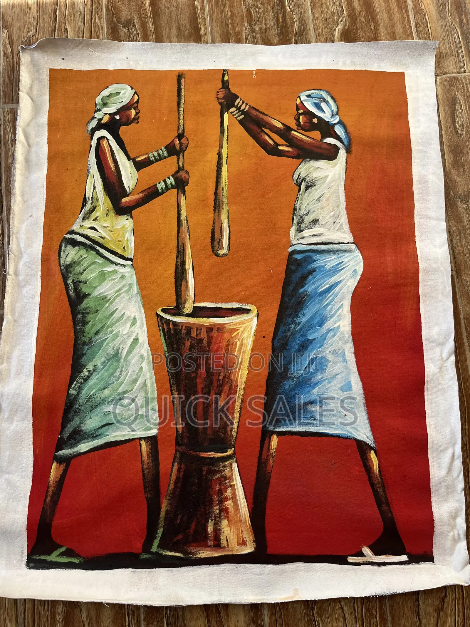 Painting of Women Pounding With a Mortar Pestle on Canvas