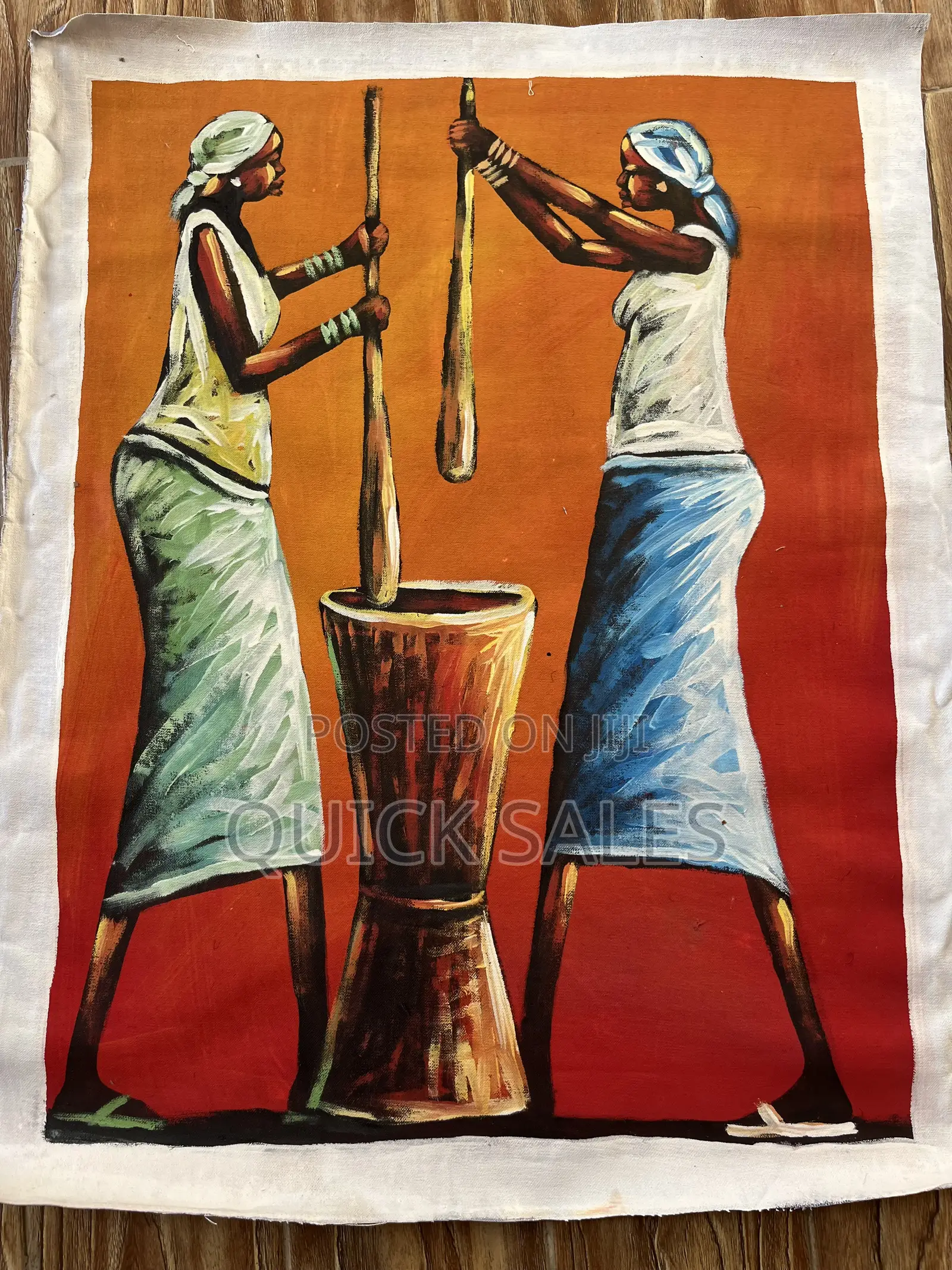 Painting of Women Pounding With a Mortar Pestle on Canvas