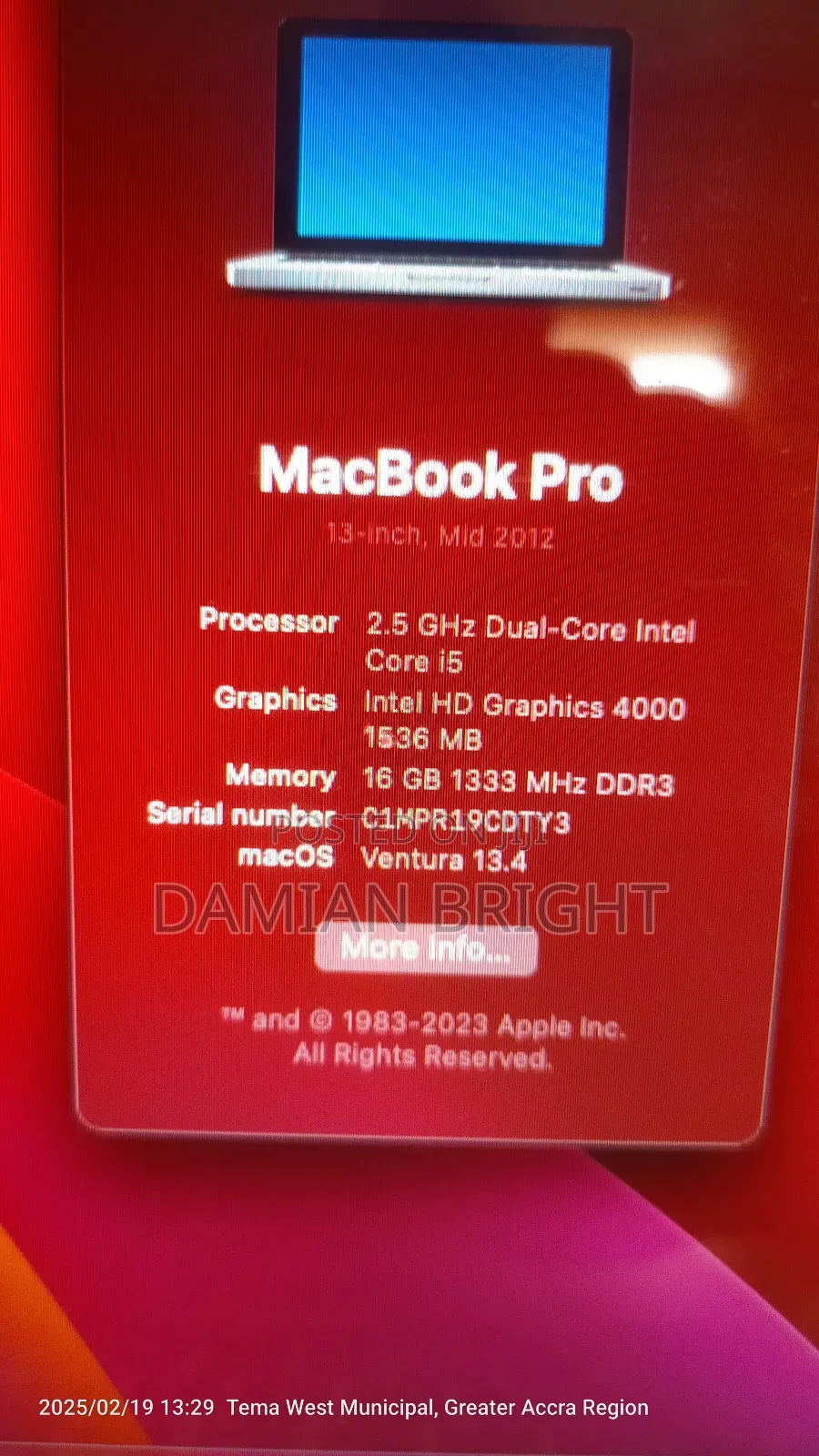 Laptop Apple MacBook 2012 8GB Intel Core I5 HDD 500GB