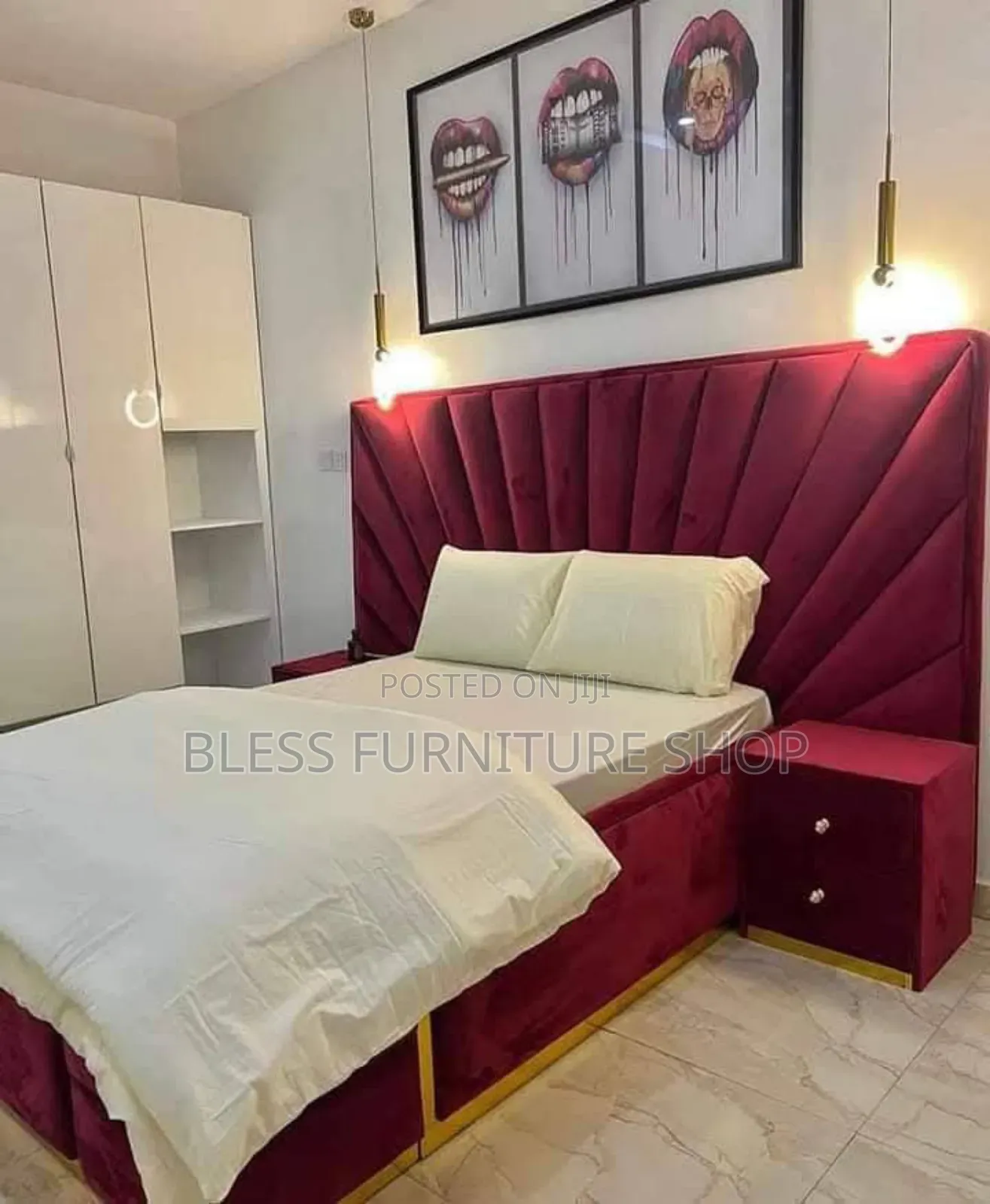 Red and Gold Queen Size Bed Frame With Side Drawers