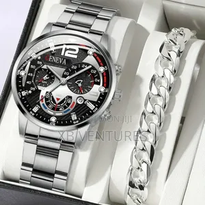 2pcs Luxury Quartz Wrist Watch + Bracelet Set - Silver