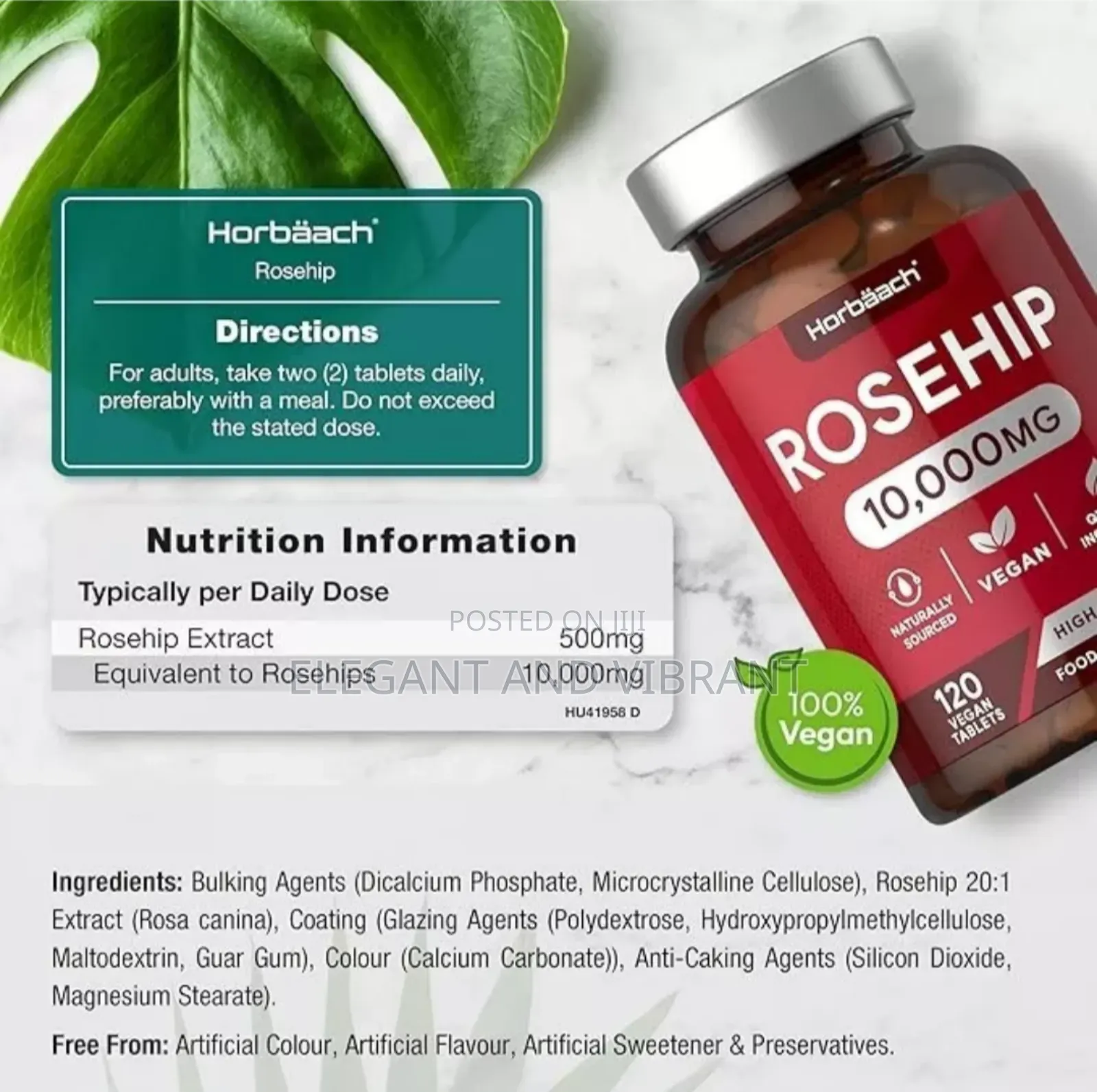 Rosehip Supplement 10,000mg |120 Vegan Tablets | By Horbaach
