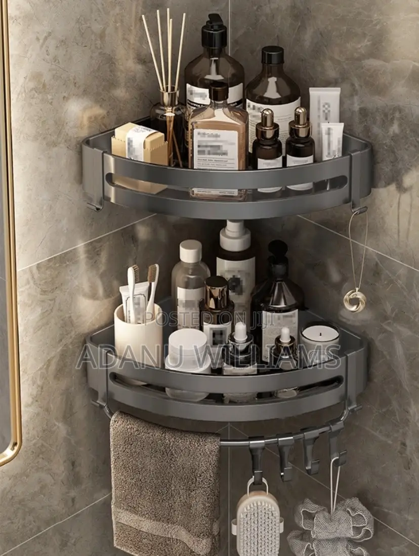 2 Tiers Triangle Bathroom Shelves With Hooks Towel Bar