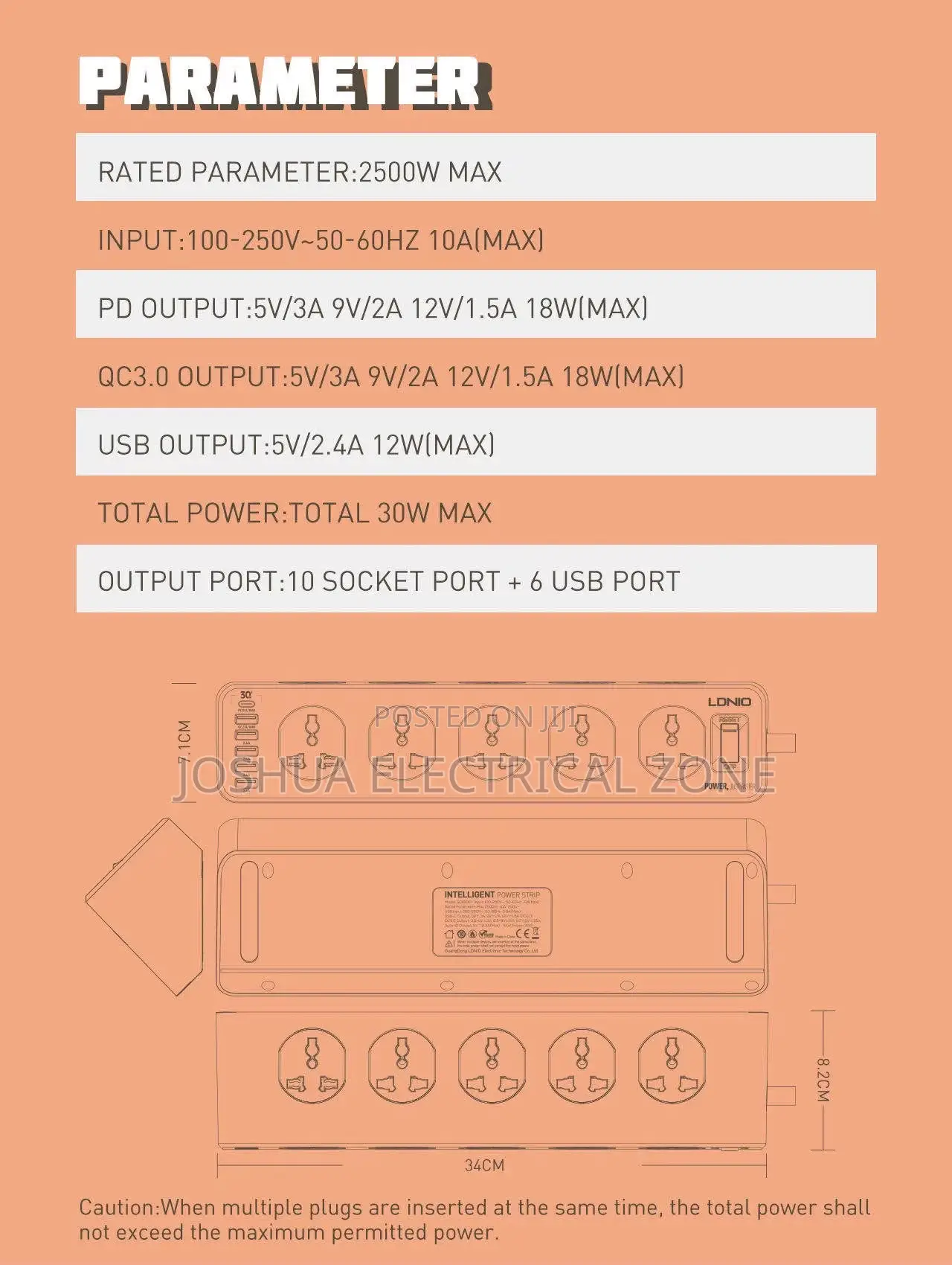 Socket With 10 Outlets 6 Usb Ports – 30w Fast Charging