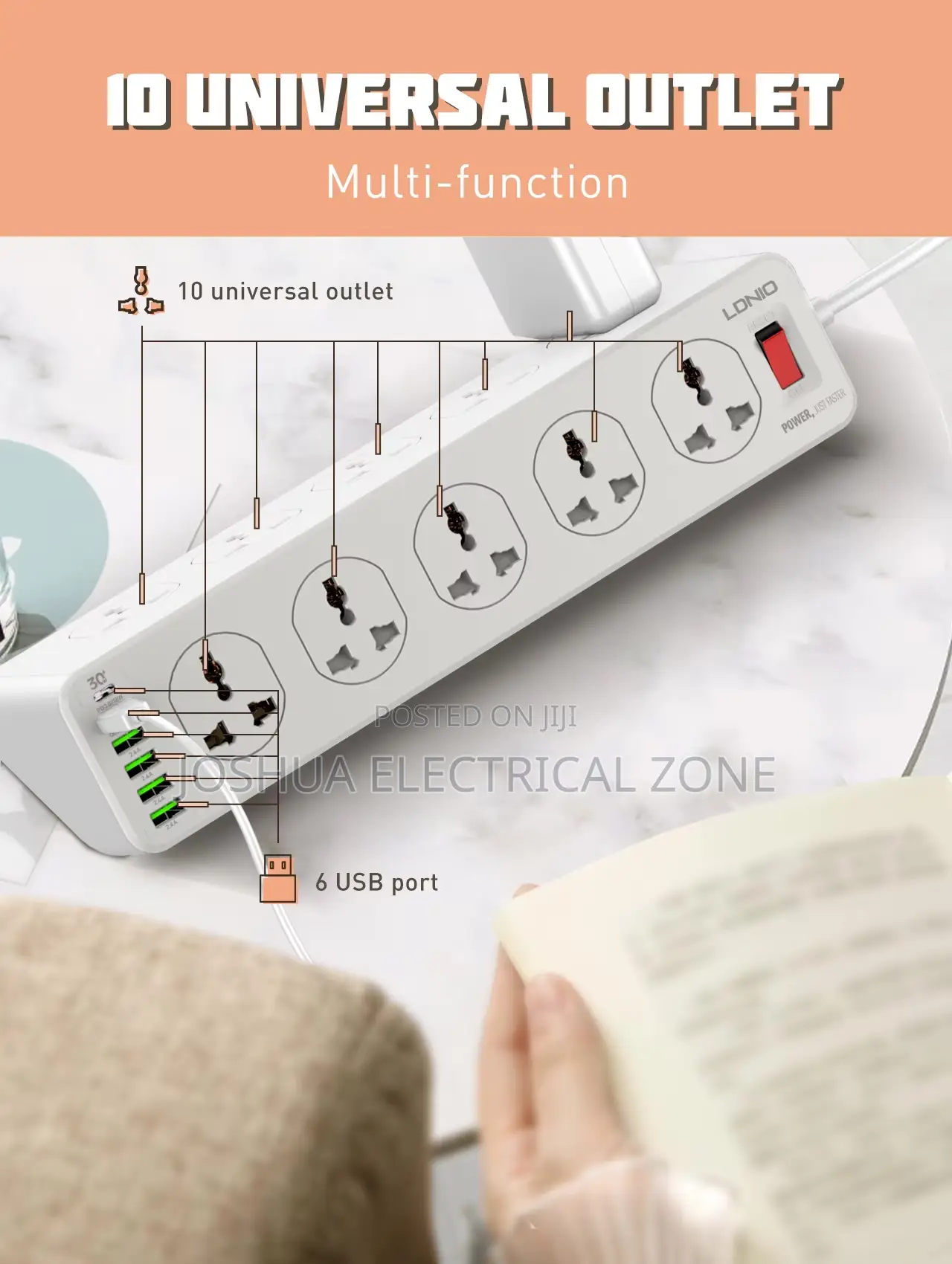 Socket With 10 Outlets 6 Usb Ports – 30w Fast Charging
