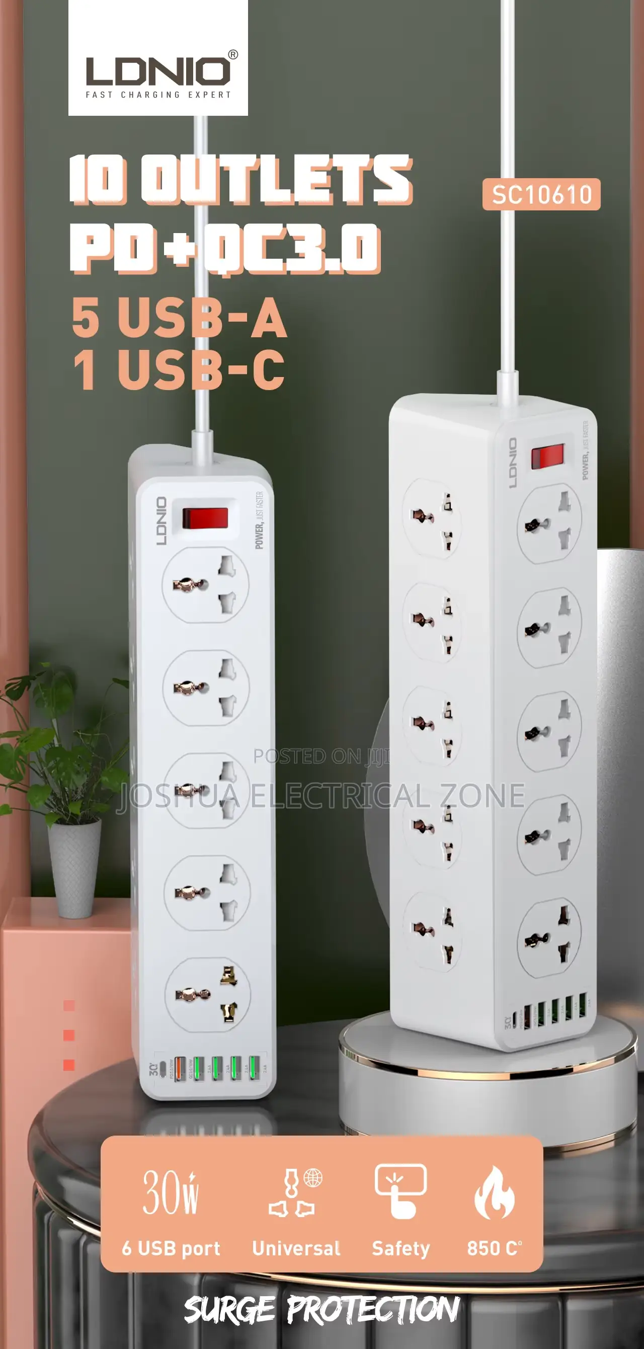 Socket With 10 Outlets 6 Usb Ports – 30w Fast Charging