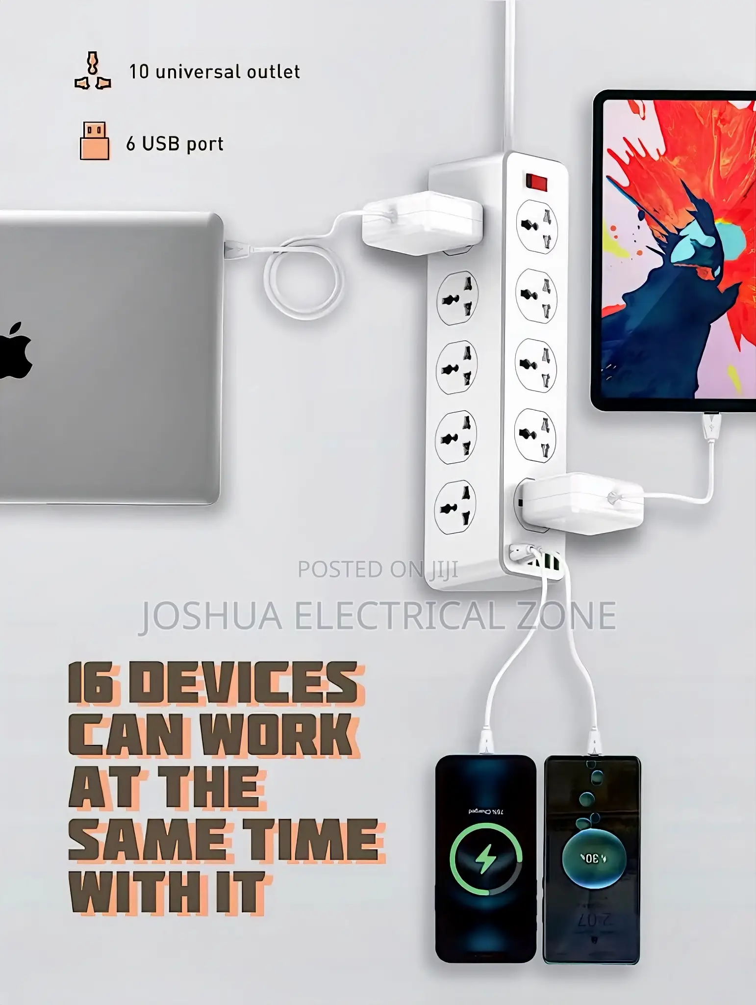 Socket With 10 Outlets 6 Usb Ports – 30w Fast Charging