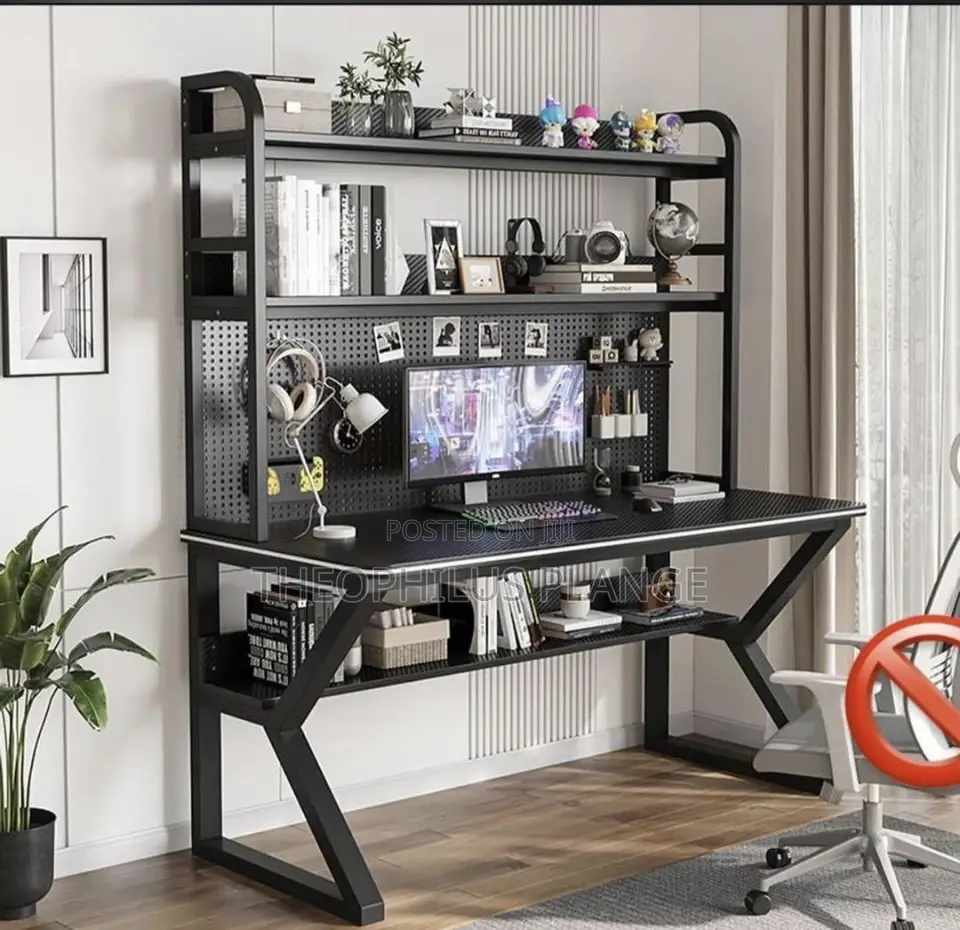 Double Decker Study Table With 2 Shelves and Pegboard.