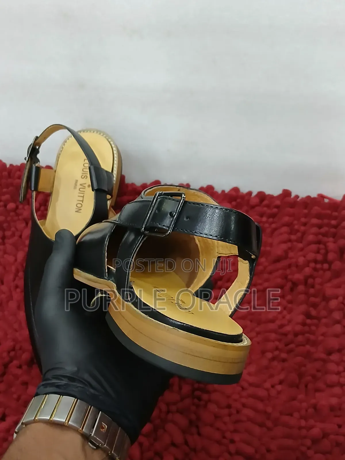 Louis Vuitton Men Black Solid Leather Shoe-Style Sandals