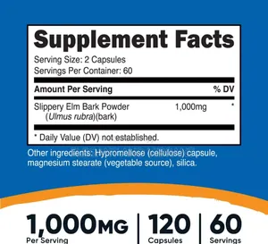 Slippery Elm Bark Capsules 1000mg Per Serving 120 Capsules
