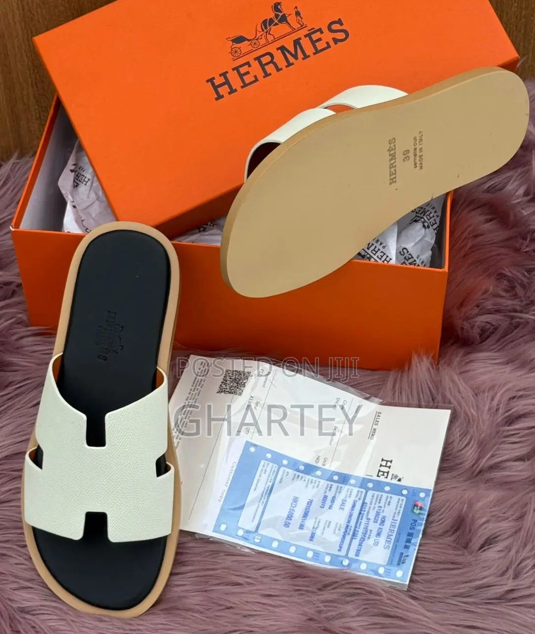White Hermes Casual Men Leather Slippers