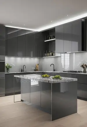 High-Gloss Kitchen Cabinets With Microwave Oven