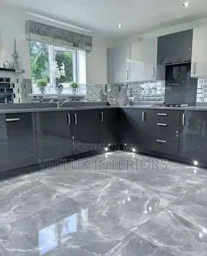 Glossy Gray Kitchen Cabinets + Fridge Microwave