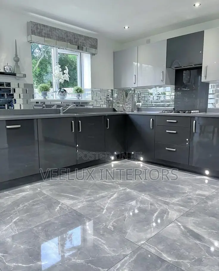 Glossy Gray Kitchen Cabinets + Fridge Microwave