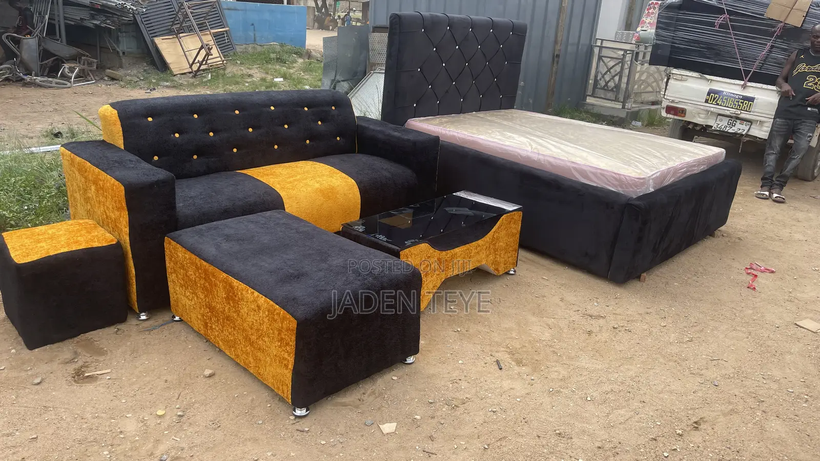 Black and Gold Fabric 3 in Set Doable Bed With Mattress