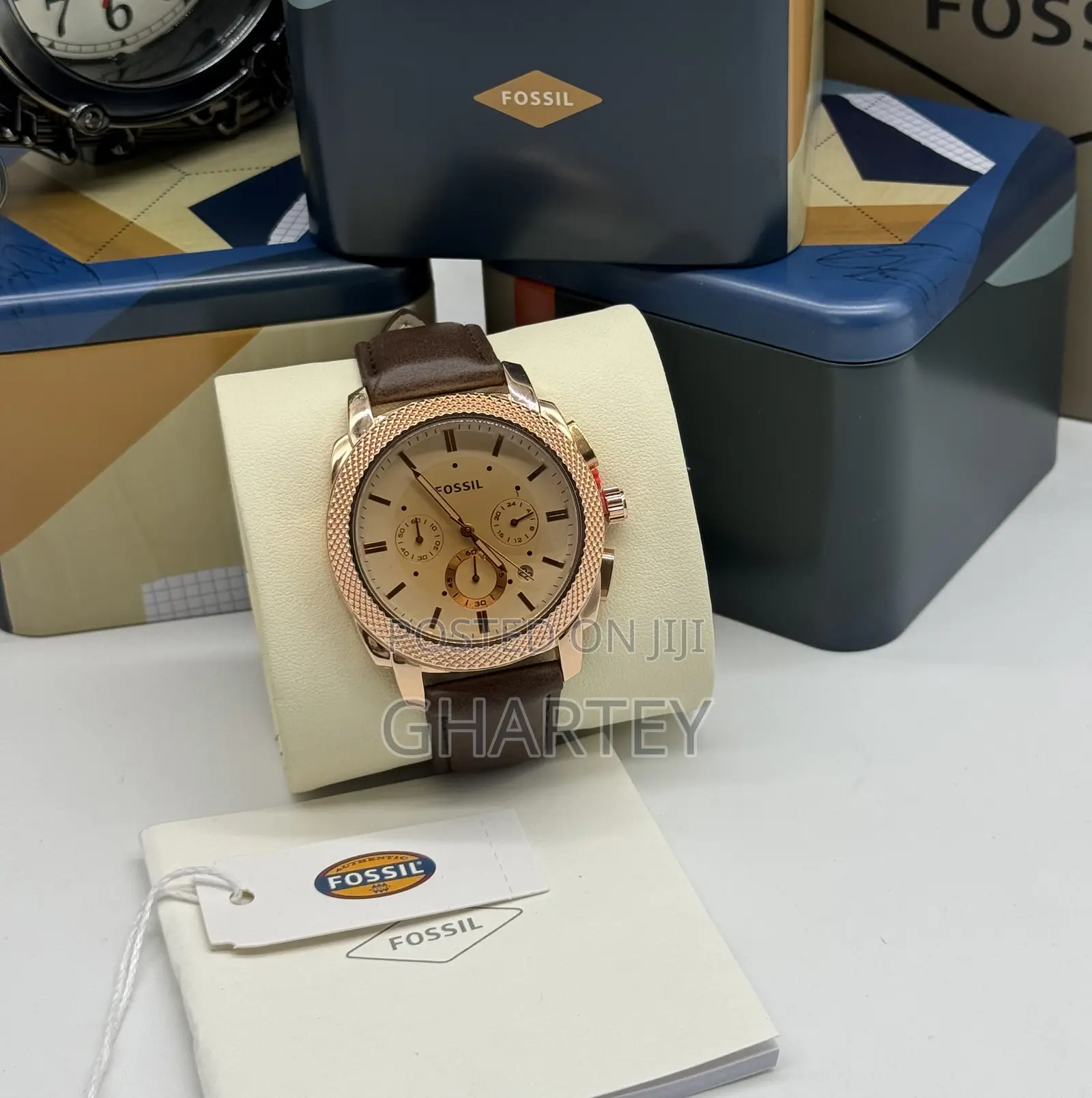 Durable Leather Fossil Men’S Watch || Rosegold Case