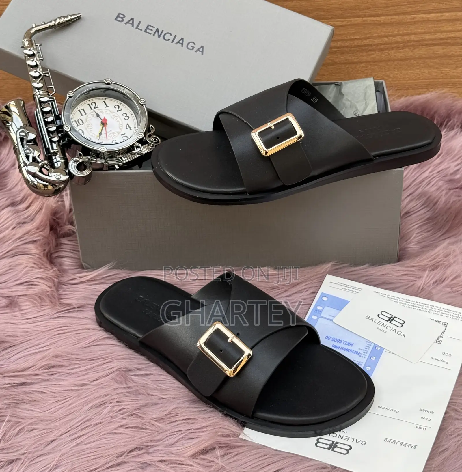 Balenciaga Leather Side Buckle Men’S Slippers || All Black