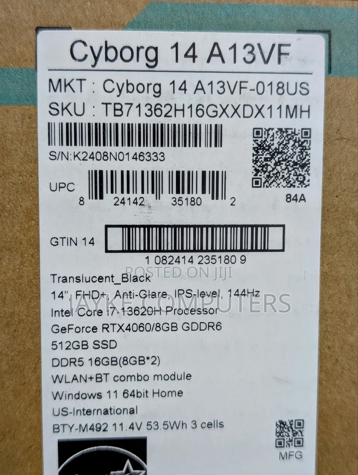 New Laptop MSI Cyborg 14 16GB Intel Core i7 SSD 512GB