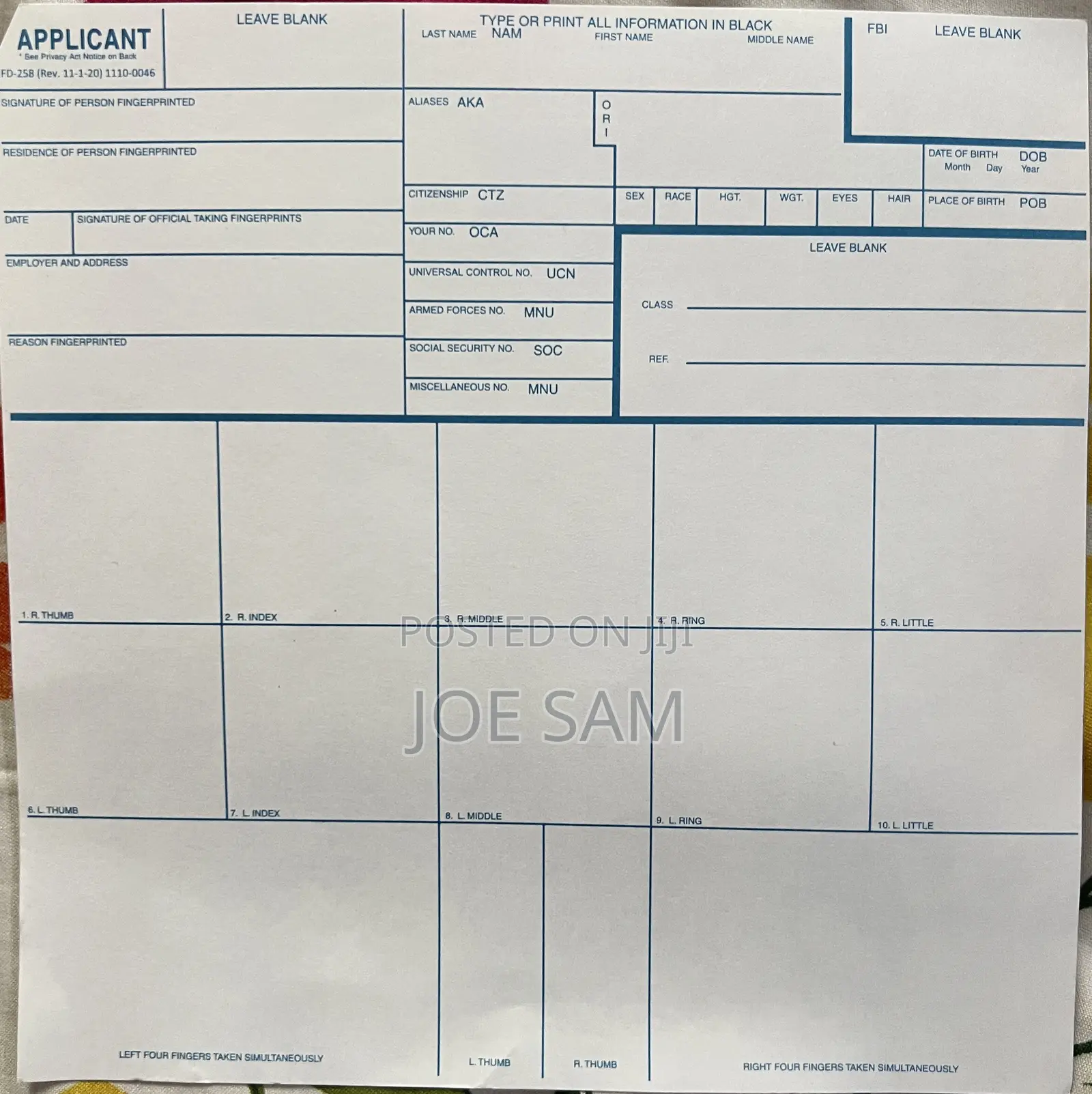 Fdi Fingerprint Card- Fd 258