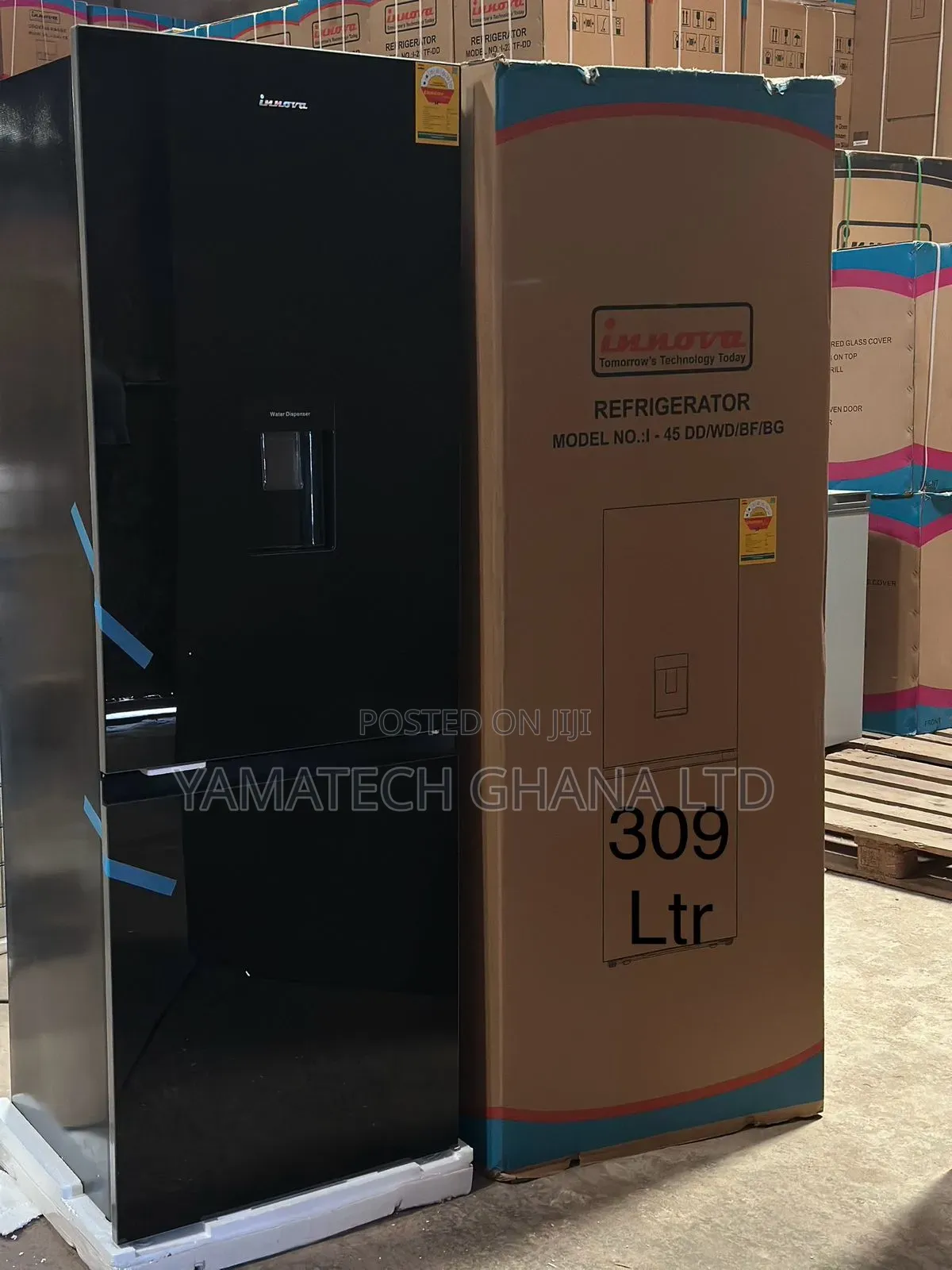 Innova 309 Litre Fridge With With Dispenser and Black Glass