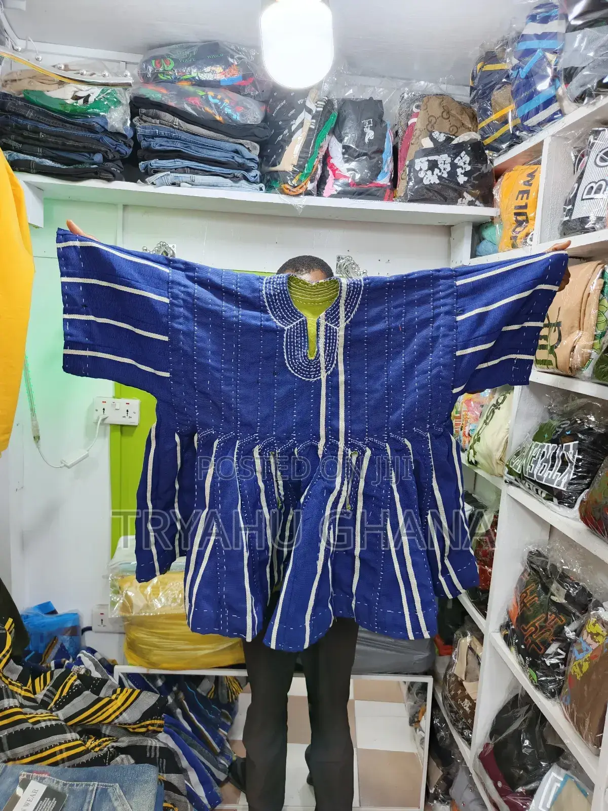 Blue And White Ghanaian Handmade Smock For Sale