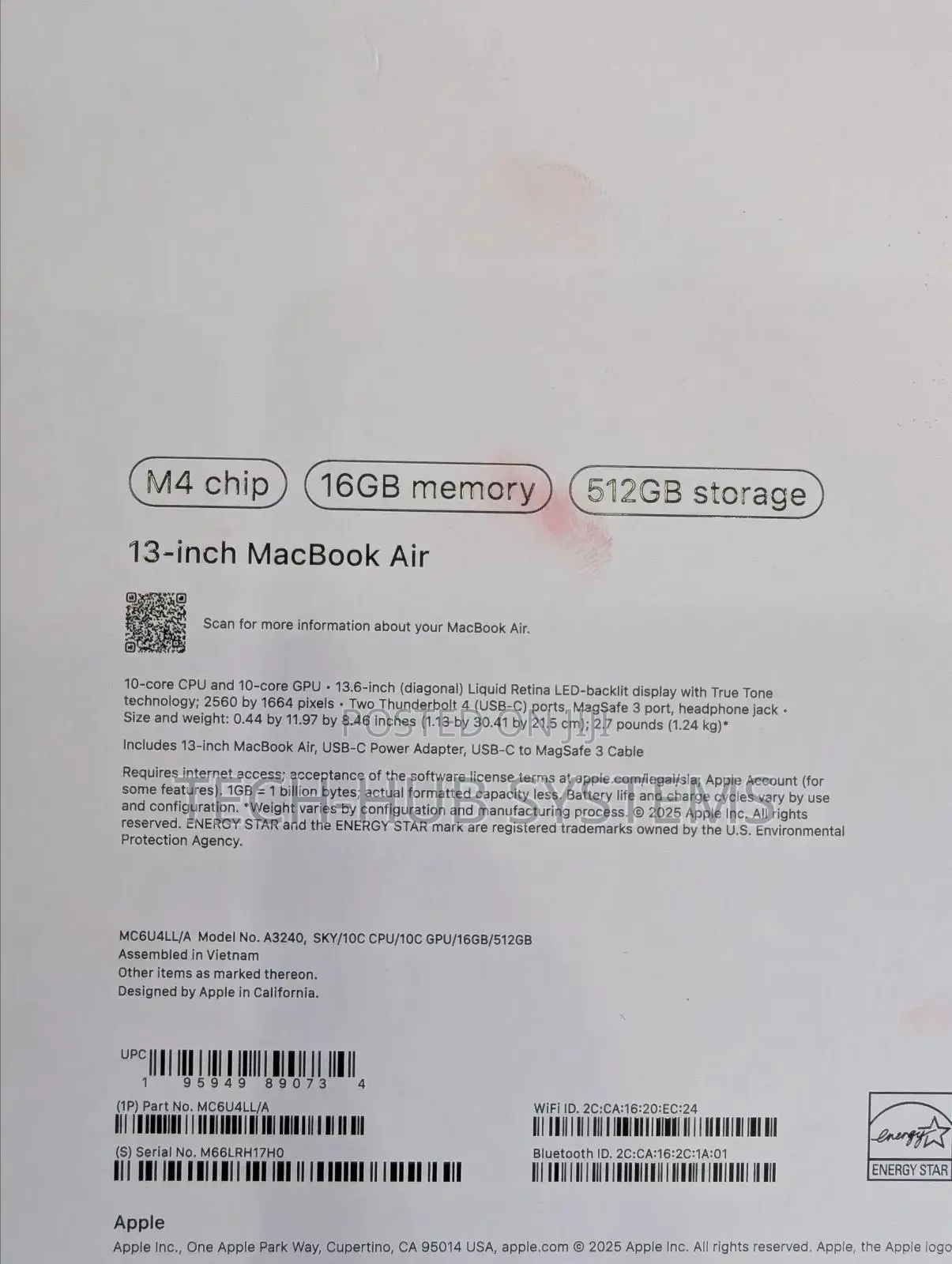 New Laptop Apple MacBook Air 2025 M4 13-Inch 16GB Apple M4 SSD 512GB