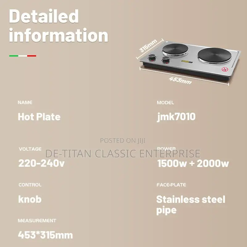 Large Surface Double Burner Electric Hotplate 1500w+2000w