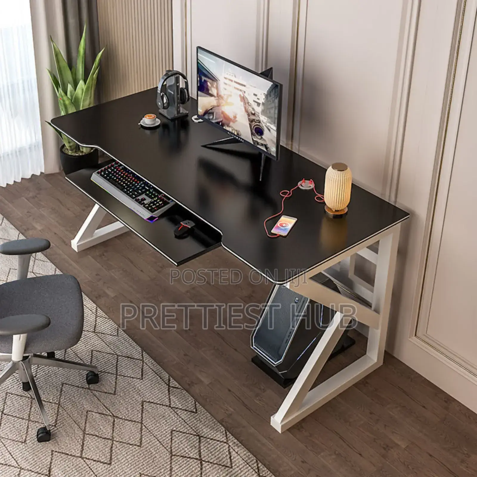 Gaming Studio Office Desk With Book and Keyboard Shelves