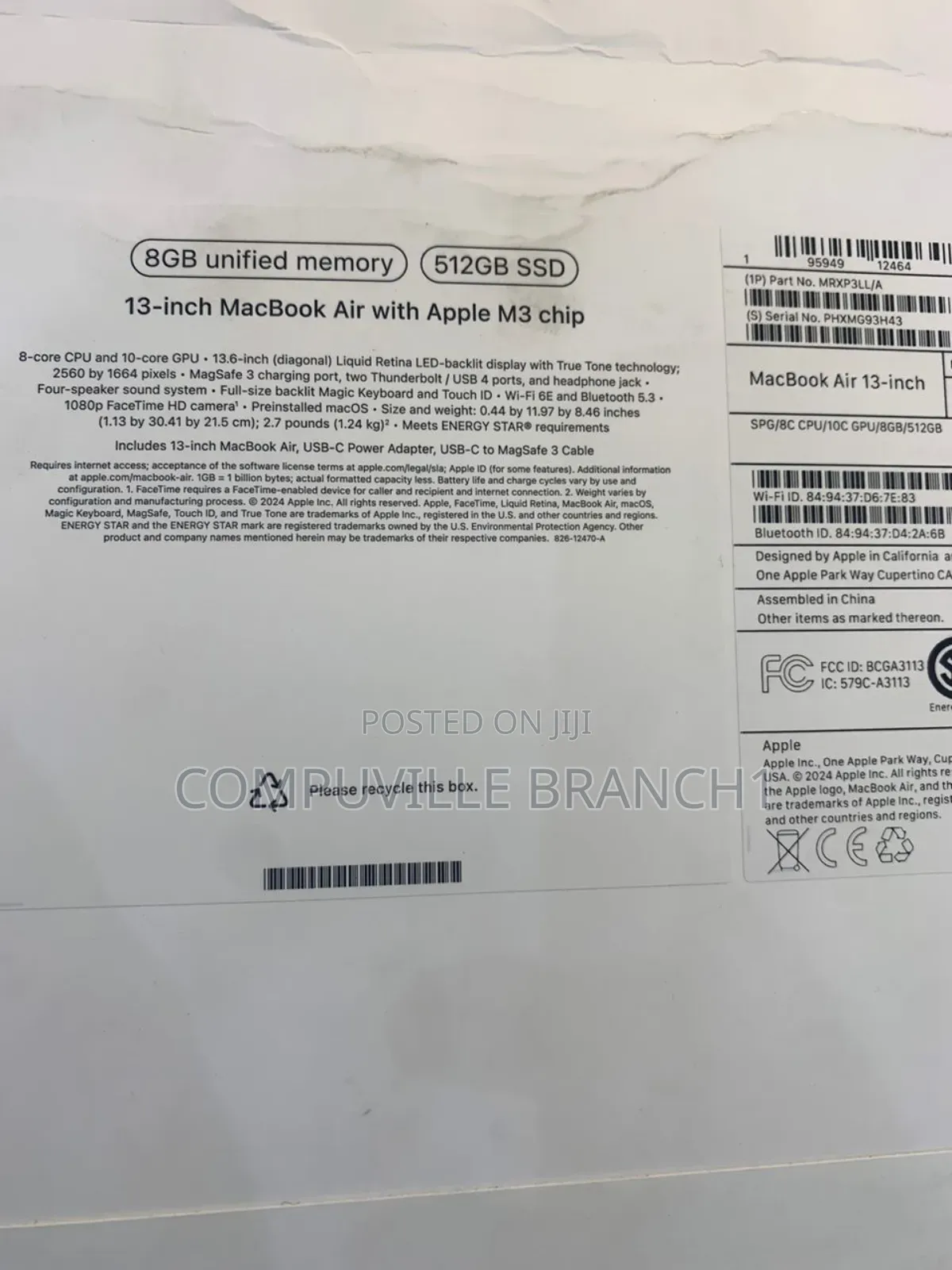 New Laptop Apple MacBook Air 2024 M3 13-Inch 8GB Apple M3 SSD 512GB