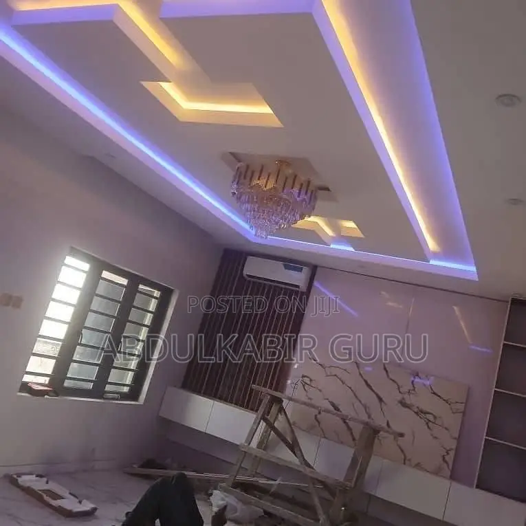 Modern Pop Ceiling Design, Tv Stand and Wall Skimming in Gh