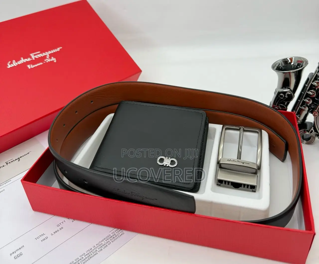 Salvatore Ferragamo Men’S Bifold Flip Id Wallet + Belt
