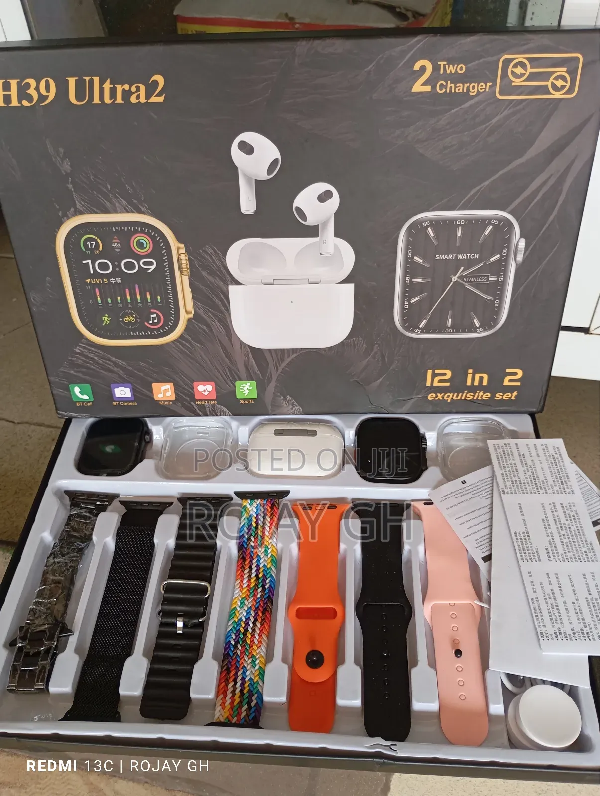 H39 Ultra Smart Watches, Airpod and 7 Extra Straps - Black