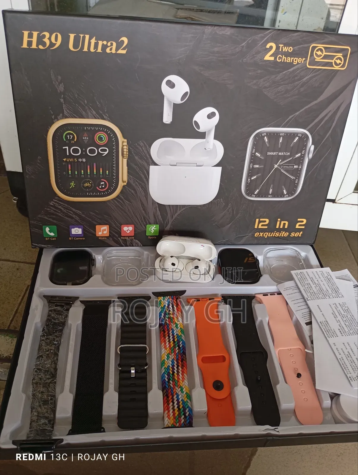 H39 Ultra Smart Watches, Airpod and 7 Extra Straps - Black