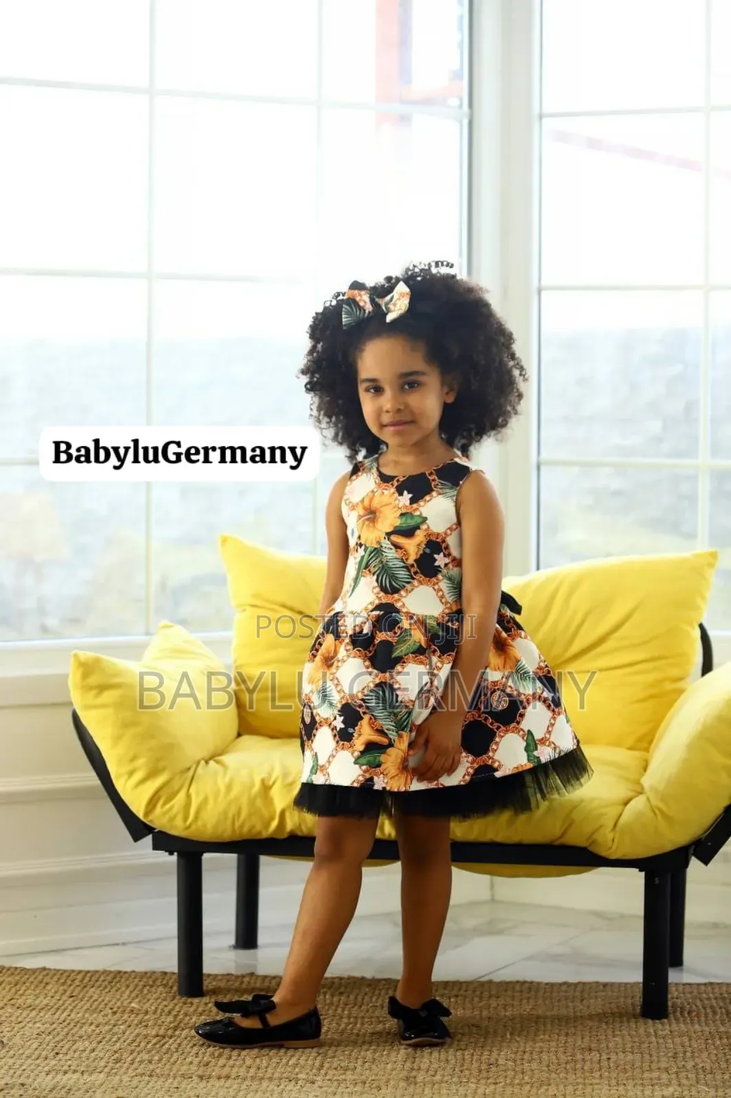 Luxury Turkey Flower Printed Yellow / Black Girl's Dress