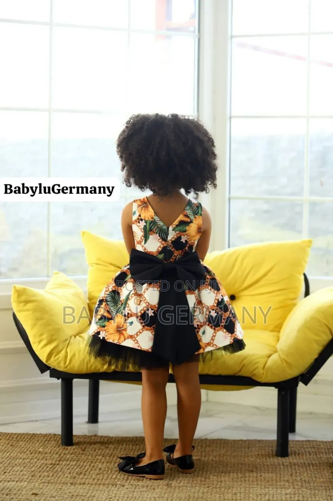 Luxury Turkey Flower Printed Yellow / Black Girl's Dress