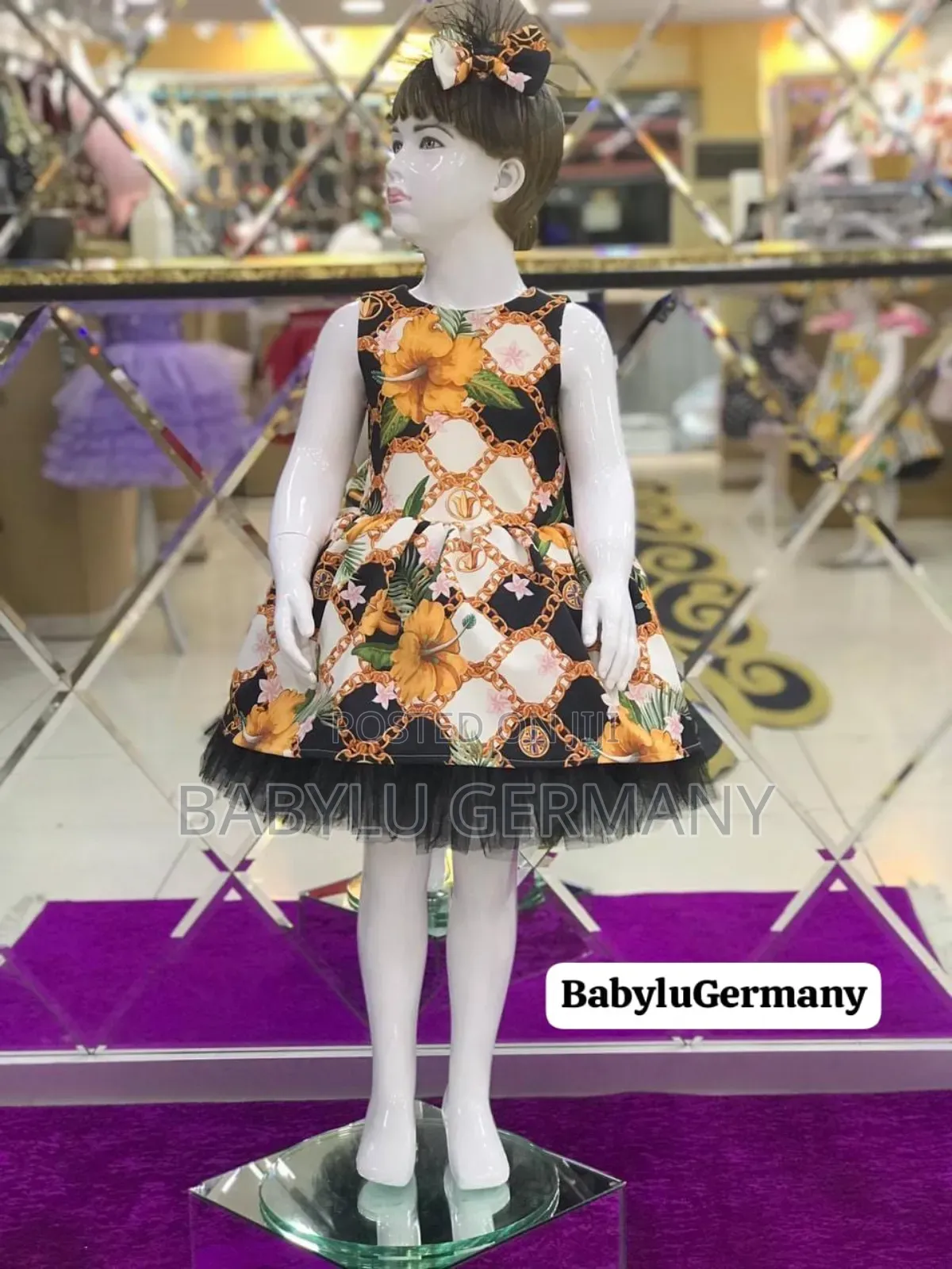 Luxury Turkey Flower Printed Yellow / Black Girl's Dress