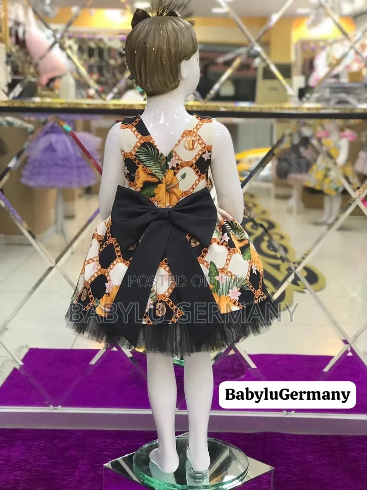 Luxury Turkey Flower Printed Yellow / Black Girl's Dress