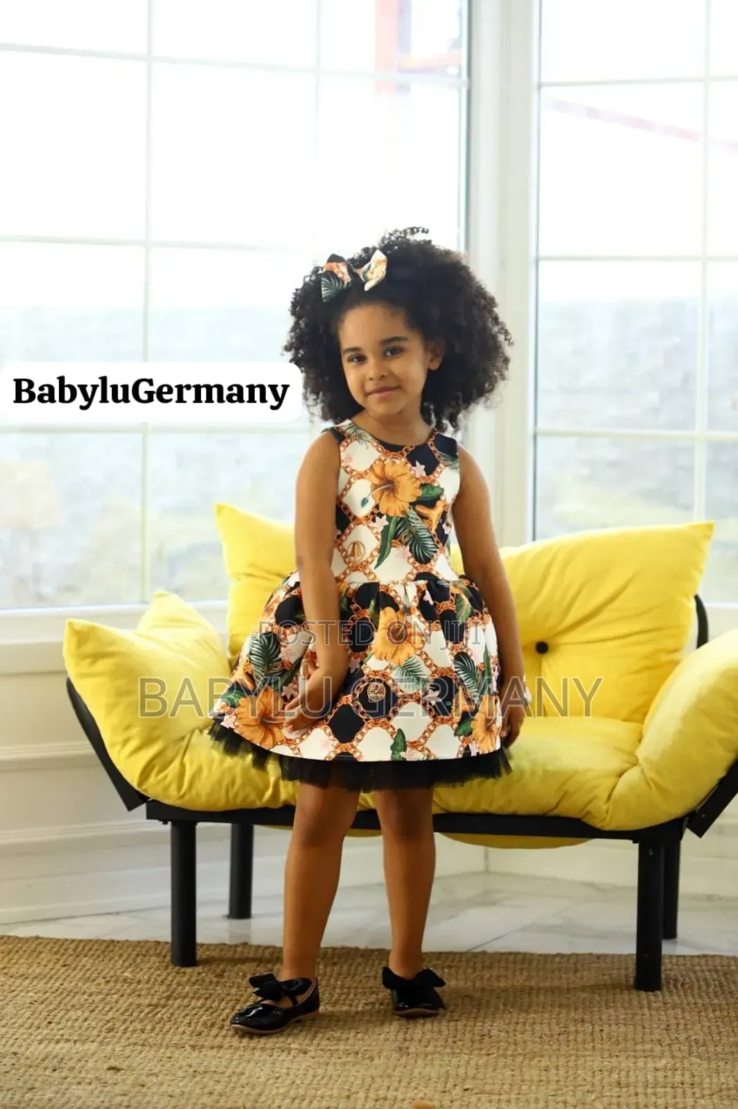 Luxury Turkey Flower Printed Yellow / Black Girl's Dress