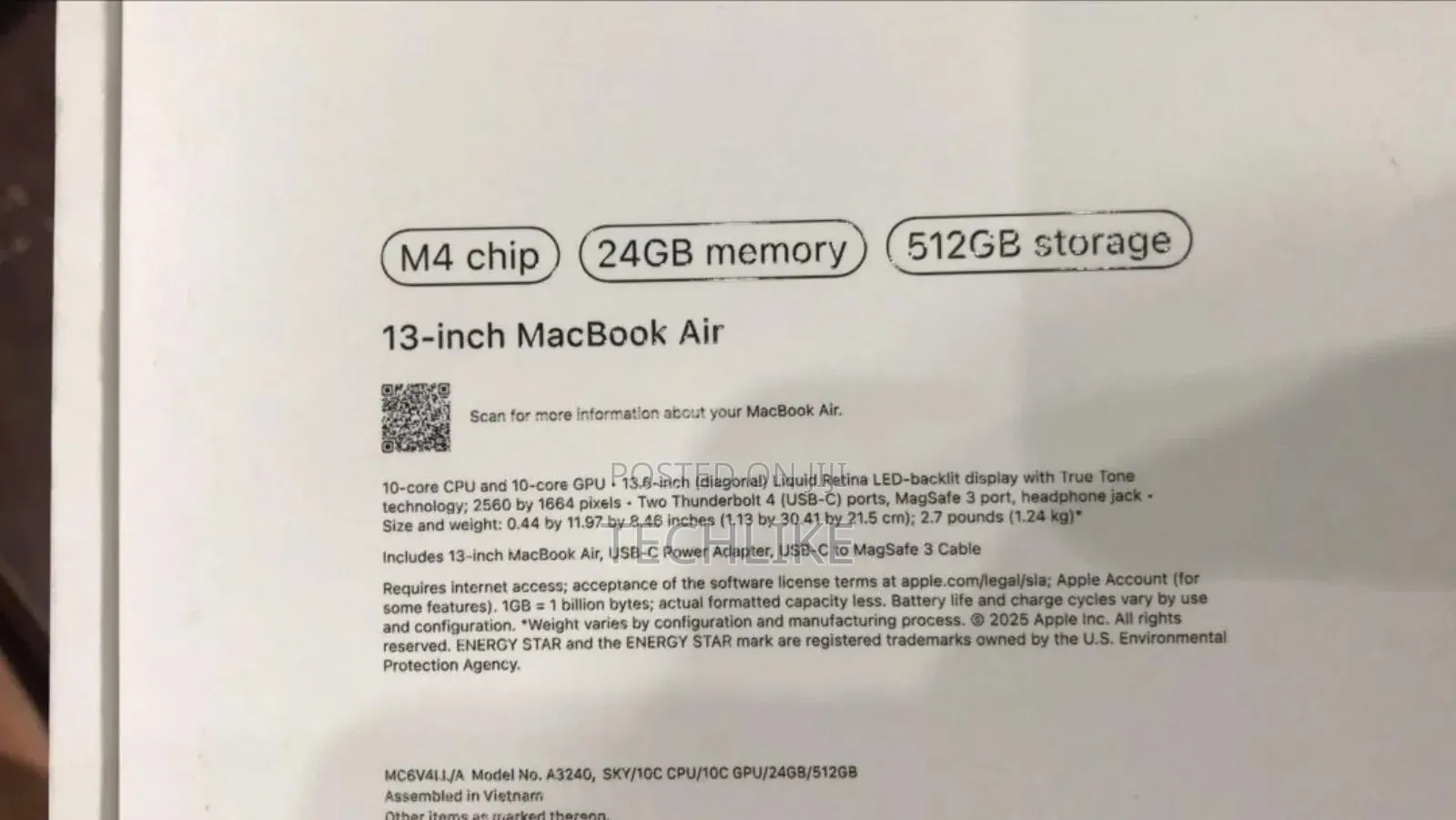 New Laptop Apple MacBook Air 24GB Apple M4 SSD 512GB