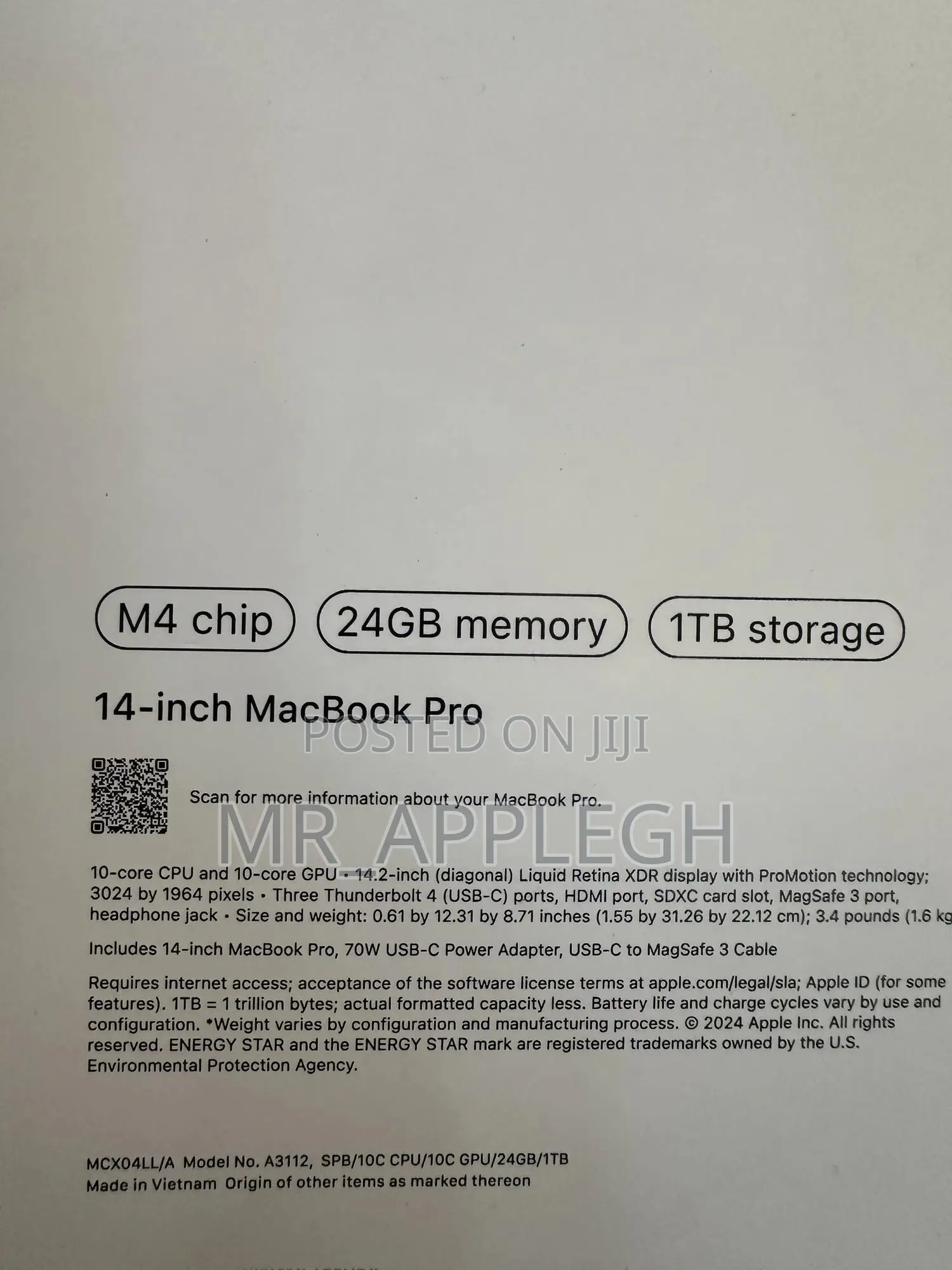 New Laptop Apple MacBook Pro 2024 M4 14-Inch 24GB Apple M4 SSD 1T