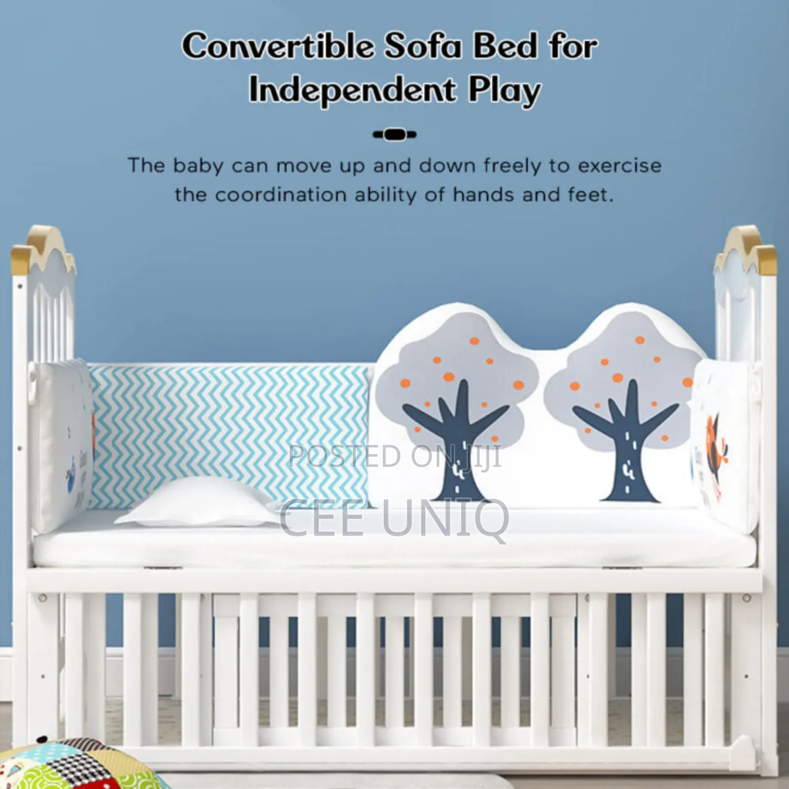 Wooden Cot or Crib With Net, Mattress and Cot Bumper Set