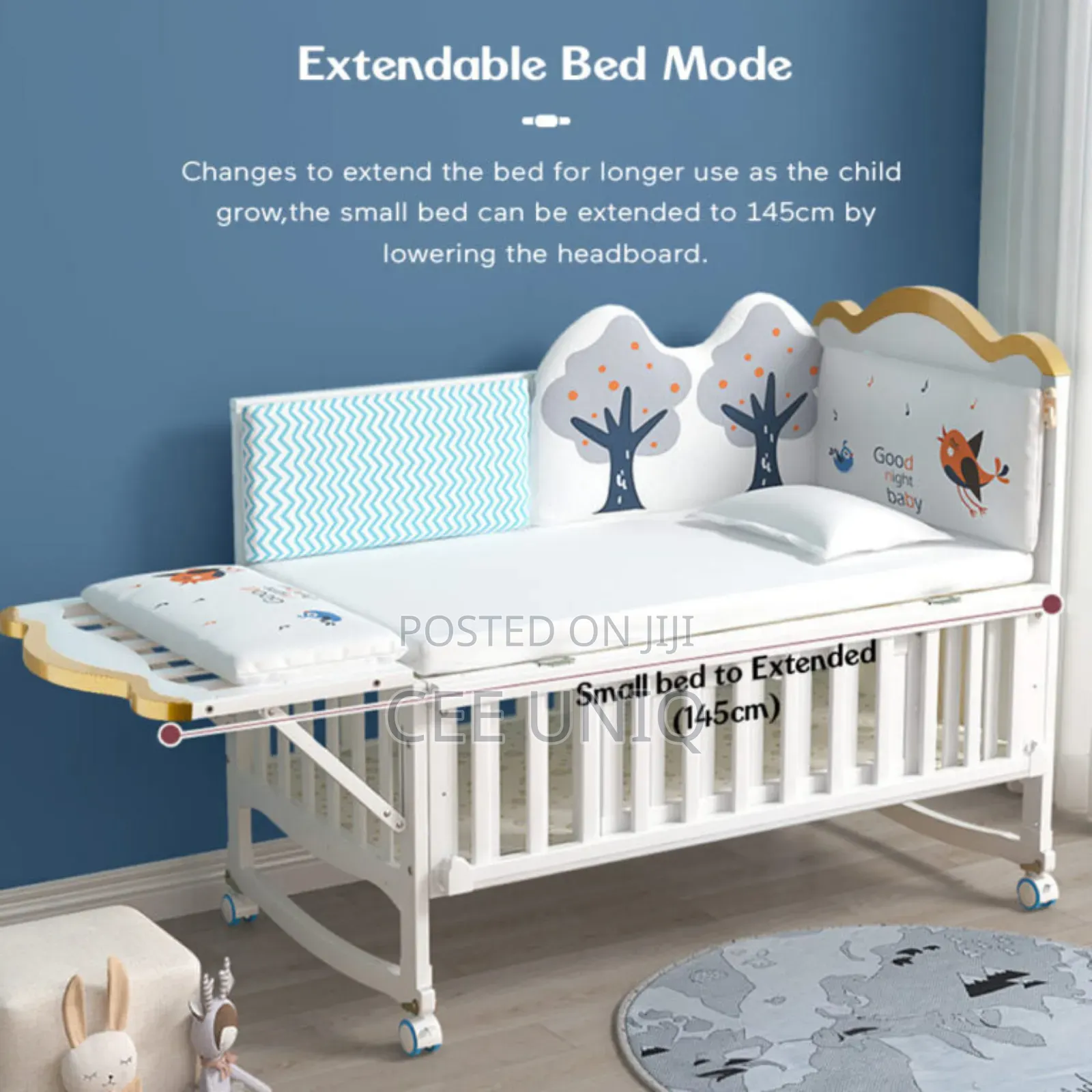 Wooden Cot or Crib With Net, Mattress and Cot Bumper Set