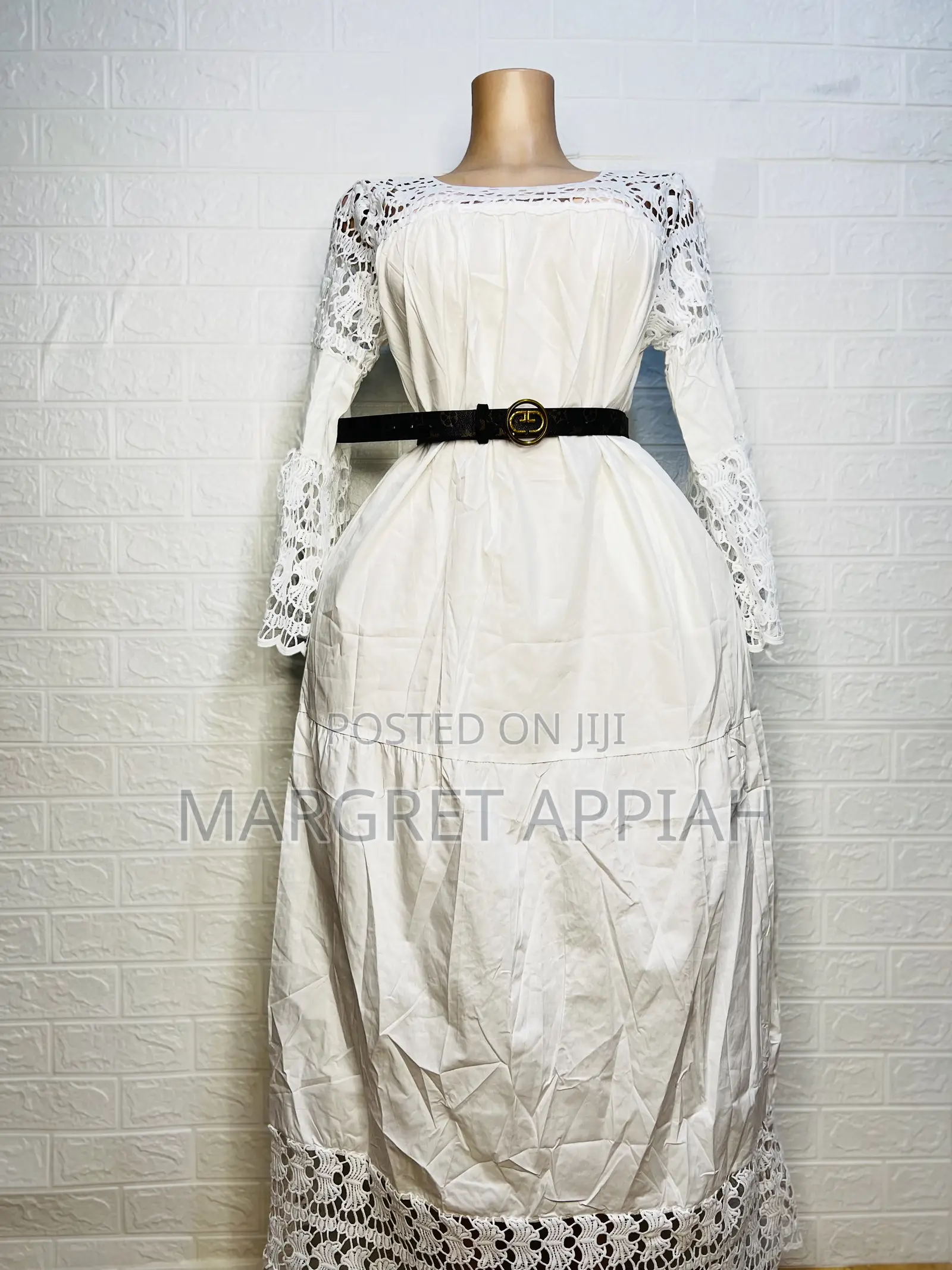 Long-Sleeved White Dress With Black Belt