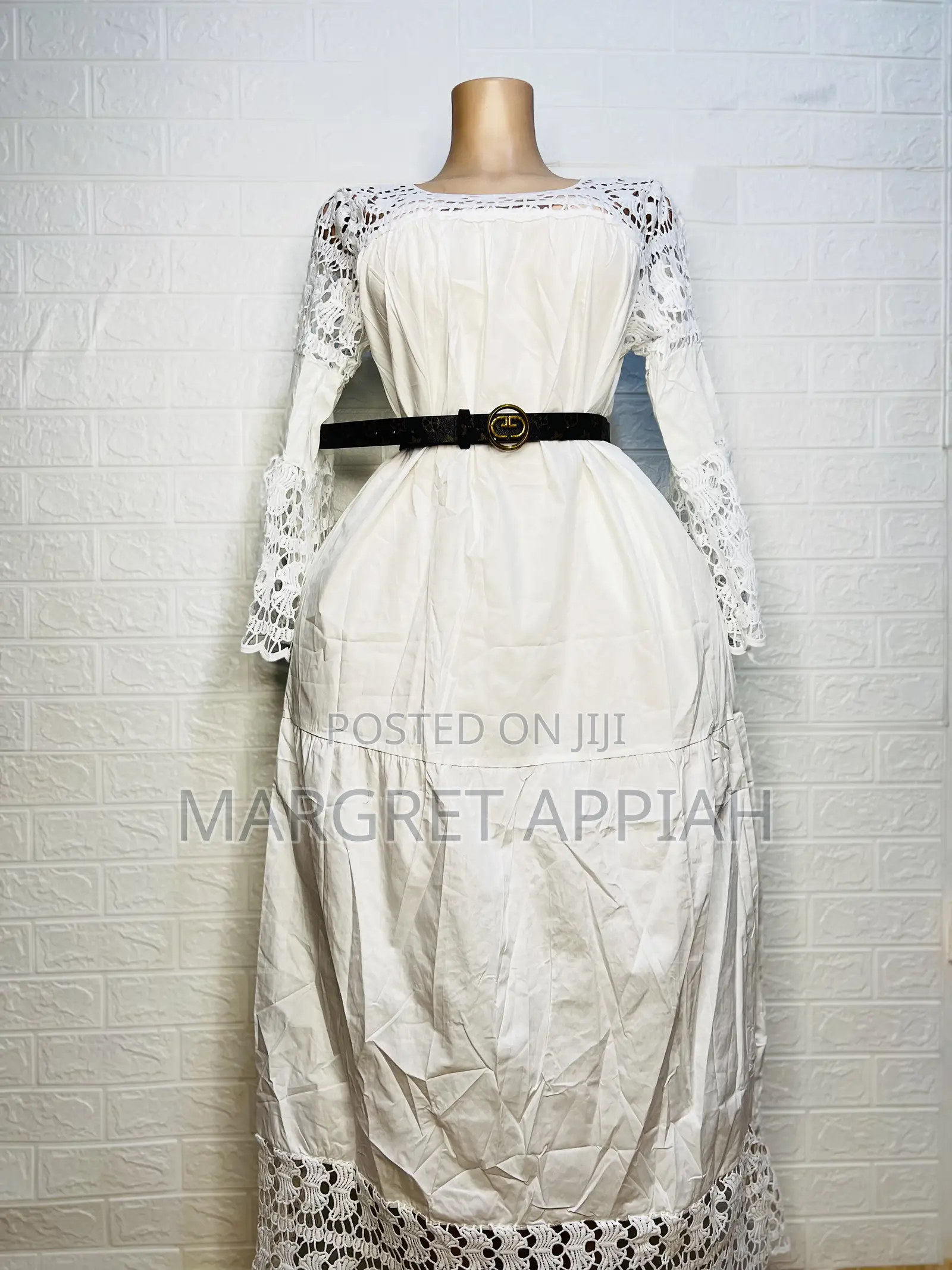 Long-Sleeved White Dress With Black Belt