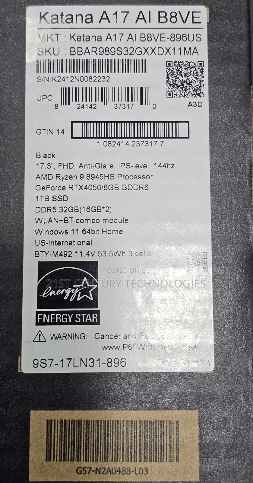 New Laptop MSI Katana 17 32GB AMD Ryzen 9 SSD 1T